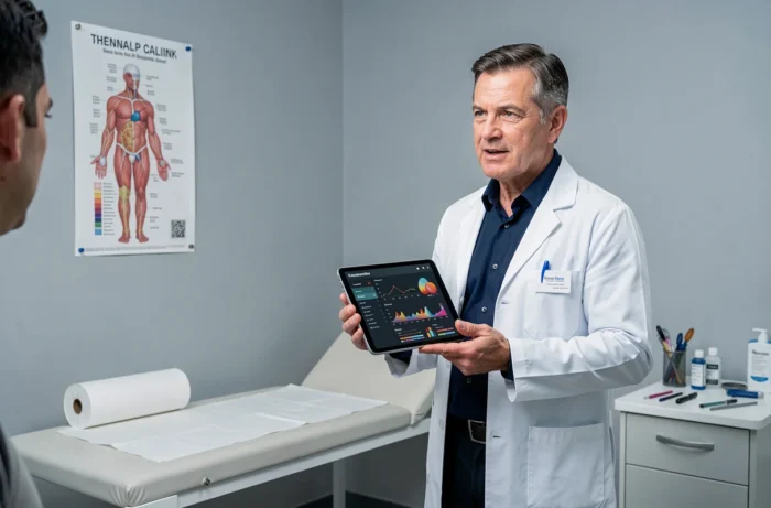 Médecin généraliste tenant une tablette avec des données de santé dans un cabinet médical moderne