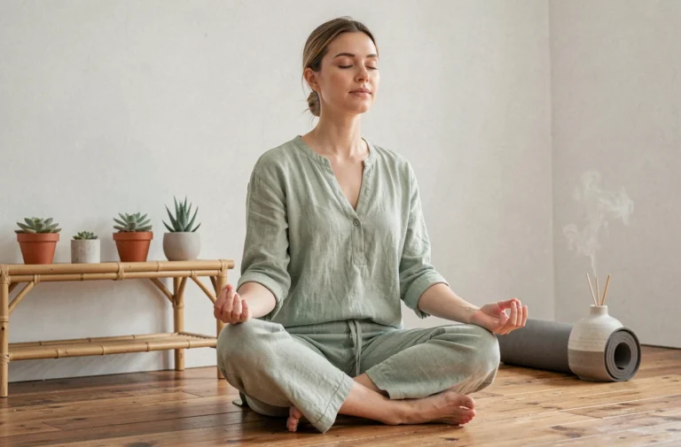 Femme pratiquant la méditation à domicile dans un espace minimaliste zen pour le bien-être et le développement personnel