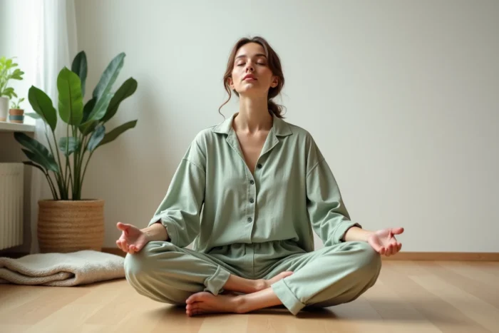 Femme pratiquant la méditation sur un parquet en bois dans un salon minimaliste pour améliorer son bien-être quotidien