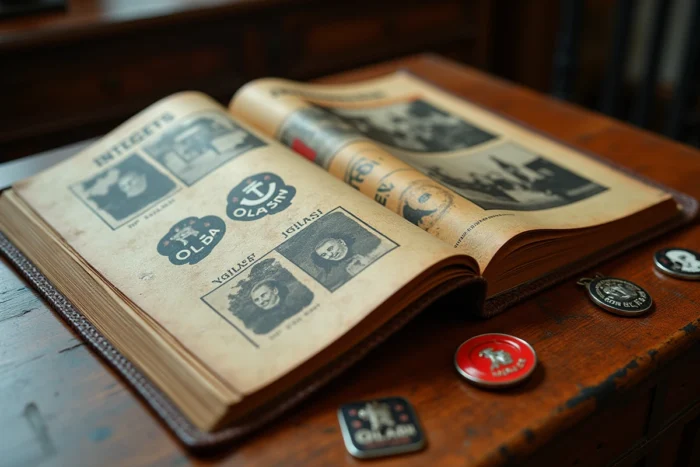 Collection de souvenirs vintage du LOSC Lille montrant l'évolution des logos et emblèmes du club à travers les décennies