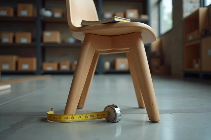 Mesure de la hauteur d'assise d'une chaise en bois avec un mètre ruban dans un showroom de mobilier