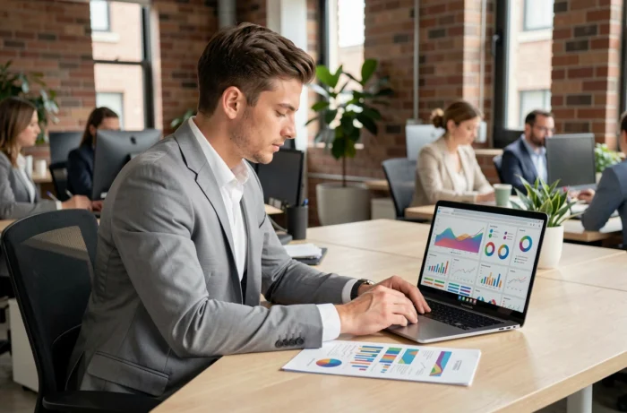 Jeune homme en BTS MCO analysant des données commerciales sur ordinateur dans un bureau d'entreprise moderne