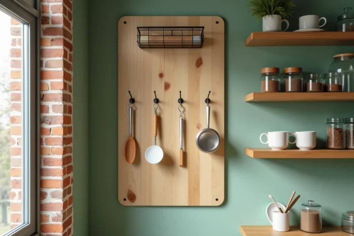 Mur de cuisine en coin aménagé avec un panneau pegboard en bois et ustensiles suspendus