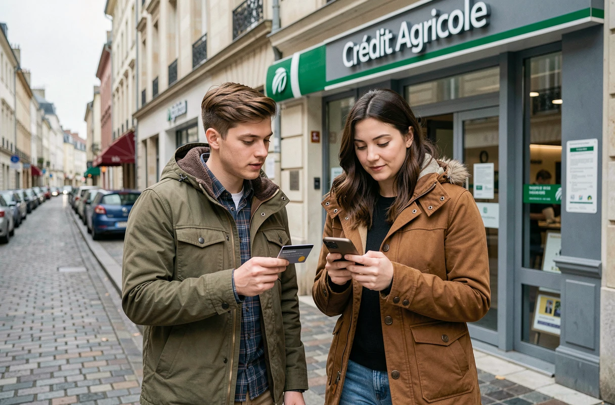 Couple devant une agence Crédit Agricole tenant une carte bancaire et consultant les nouveaux tarifs 2026