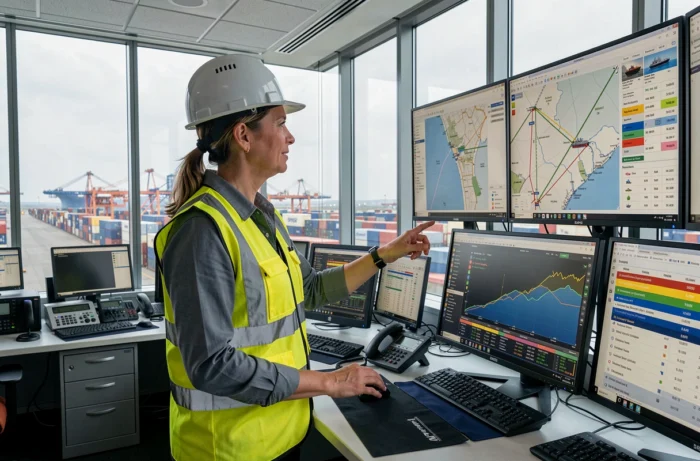 Opératrice de terminal portuaire dans une salle de contrôle surveillant les routes de fret maritime sur des écrans de suivi de navires