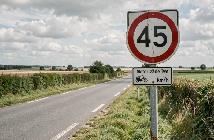 Panneau de limitation de vitesse 45 km/h pour deux-roues motorisés en milieu rural français