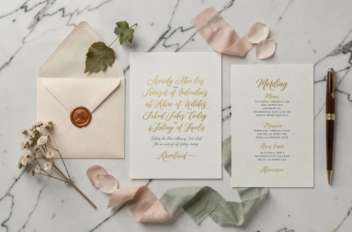 Papeterie de mariage en vue de dessus avec invitations calligraphiées, sceau de cire et fleurs séchées sur marbre blanc