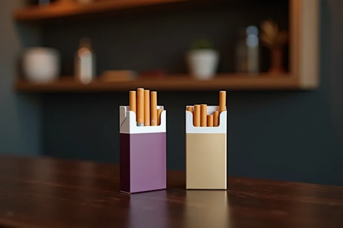 Deux paquets de cigarettes Vogue slim aux couleurs distinctes avec filtres apparents sur une table en bois sombre