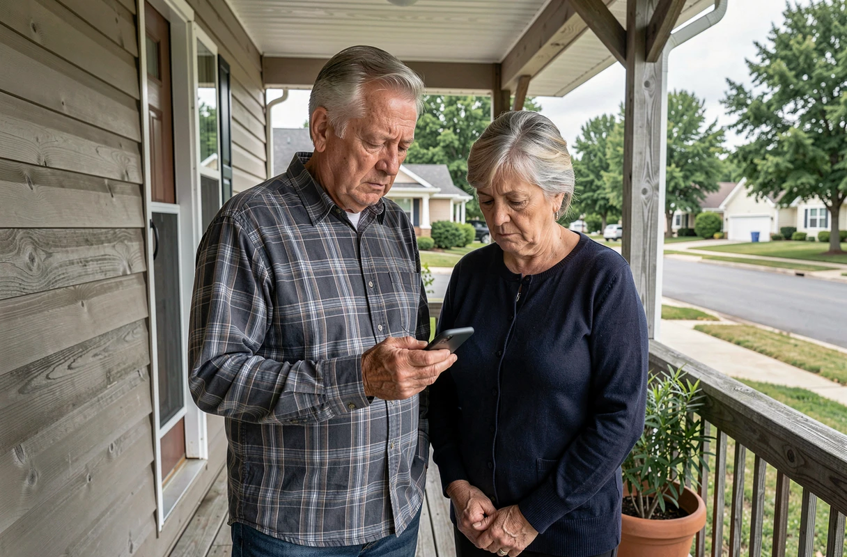 Couple de parents âgés sur leur porche consultant un téléphone sans nouvelles de leur enfant adulte, symbolisant la rupture familiale et l'éloignement