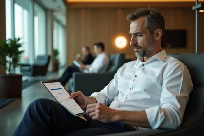 Homme en salon VIP d'aéroport consulte son tableau de bord de programme de fidélité sur une tablette avec carte d'embarquement