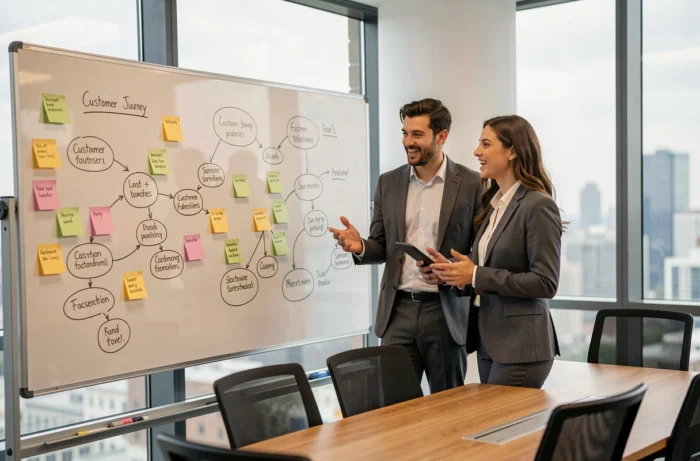 Deux jeunes diplômés du BTS MCO collaborant sur une stratégie commerciale lors d'une réunion en entreprise