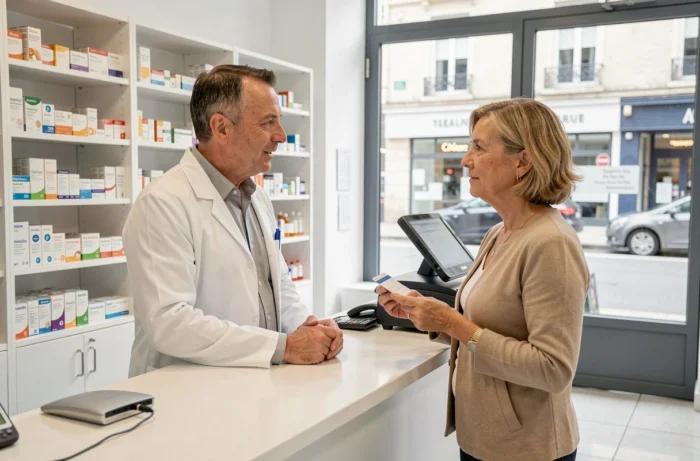 Pharmacien conseillant une cliente sur sa mutuelle santé dans une pharmacie moderne en France