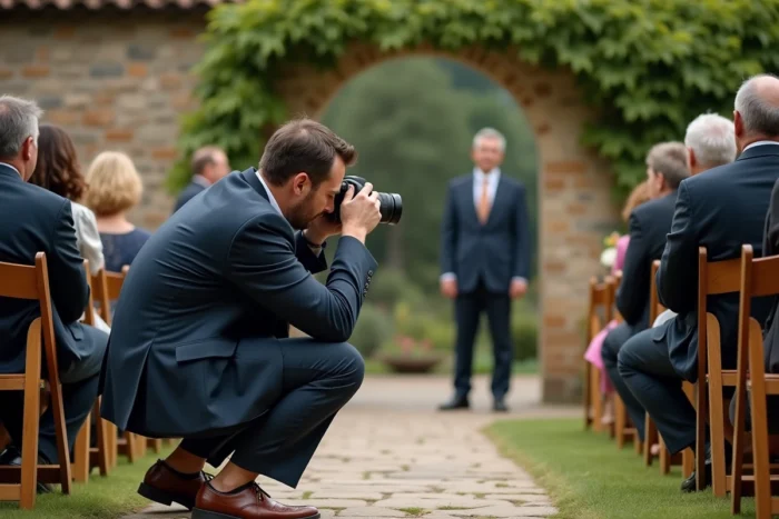 Photographe de mariage professionnel en action lors d'une cérémonie en plein air dans un jardin rustique avec arche en pierre