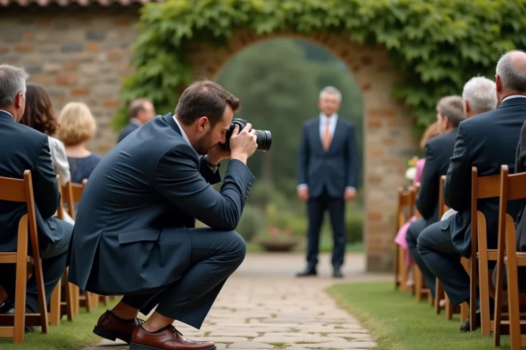 Photographe de mariage professionnel en action lors d'une cérémonie en plein air dans un jardin rustique avec arche en pierre