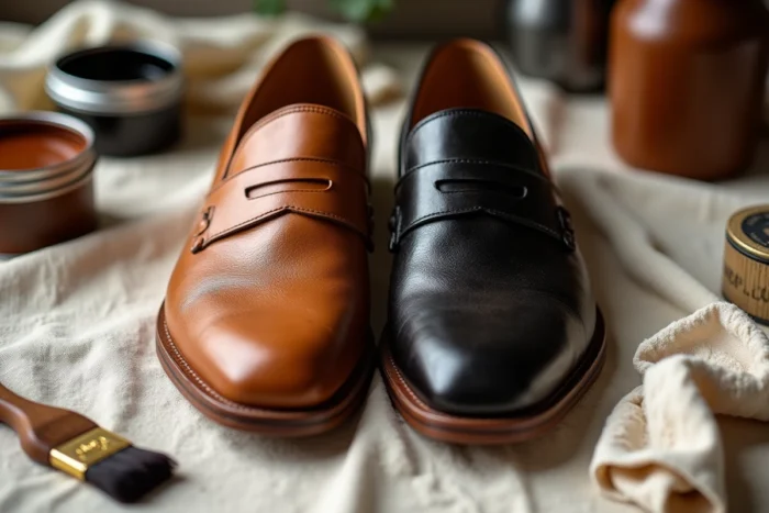 Gros plan de deux mocassins en cuir côte à côte montrant un résultat de teinture réussi et des erreurs courantes comme des traces et des bords secs