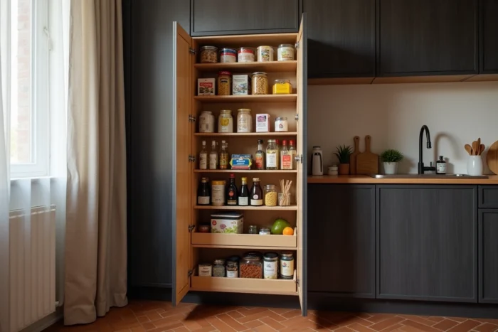 Placard pantry étroit coulissant dans un coin de cuisine avec étagères bien organisées et produits alimentaires