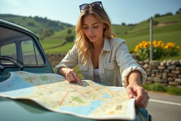 Femme planifiant un road trip en France sur une carte routière posée sur le capot d'une voiture en bord de route