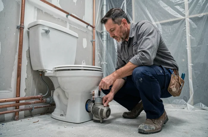 Plombier professionnel en train d'installer un WC broyeur dans une salle de bain en cours de rénovation avec tuyauterie apparente