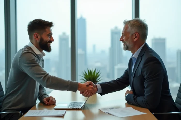 Deux professionnels concluant un partenariat B2B avec une poignée de main dans une salle de réunion vitrée