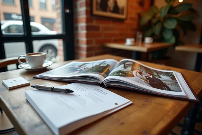 Portfolio et liste de tarifs d'un photographe de mariage posés sur une table en bois dans un café, illustrant les forfaits proposés