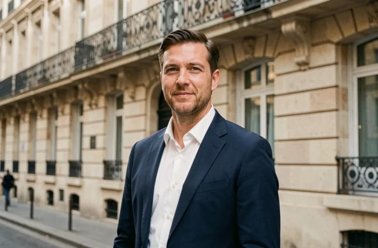 Portrait éditorial d'un homme élégant en blazer marine devant un immeuble haussmannien parisien, illustrant un article sur la vie privée de personnalités médiatiques françaises