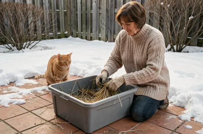 Femme préparant un abri isolé avec de la paille dans un bac en plastique pour accueillir un chat errant en hiver