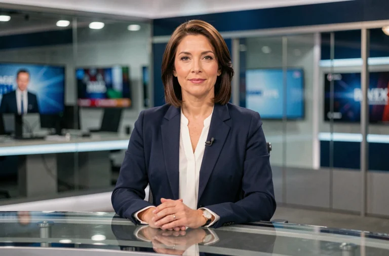 Présentatrice professionnelle en blazer marine assise derrière un bureau de plateau de télévision moderne en 2026