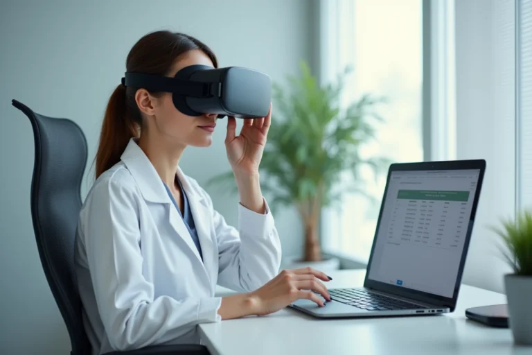 Professionnel de santé évaluant le coût d'un casque de réalité virtuelle thérapeutique dans un cabinet médical moderne