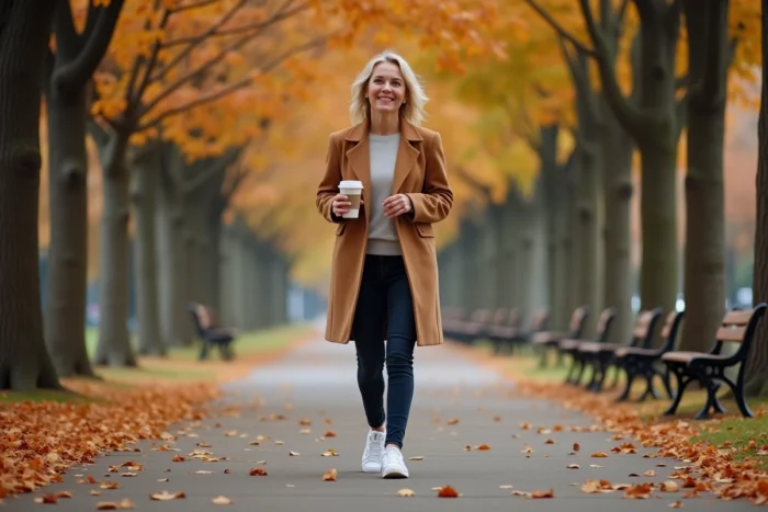 Femme se promenant sur un chemin arboré en automne avec un café à emporter pour prendre soin de son bien-être au quotidien