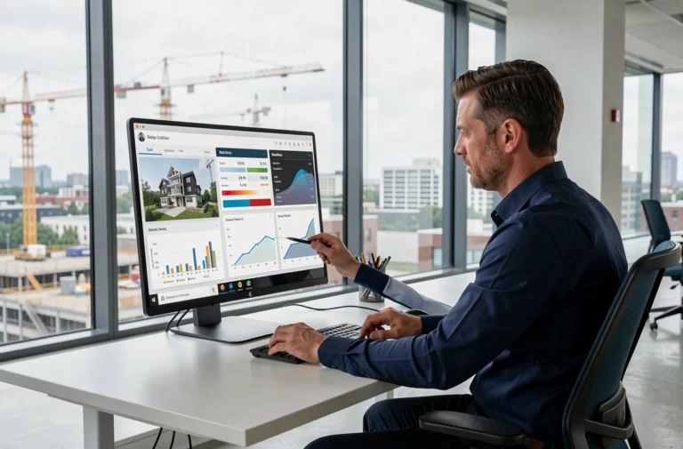 Promoteur immobilier analysant les coûts de développement sur un logiciel de gestion immobilière avec des graphiques budgétaires affichés sur un écran tactile
