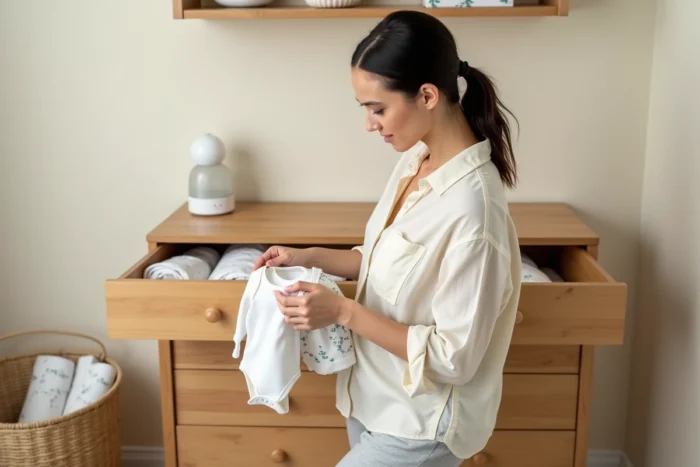 Jeune mère rangeant des vêtements de bébé dans une commode en pin dans un coin nurserie cosy avec panier en osier et accessoires essentiels