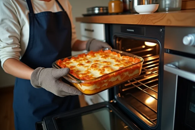 Femme plaçant un plat de lasagnes dans un four pour les réchauffer sans les dessécher