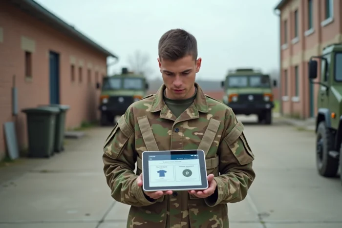 Jeune recrue de l'armée française consultant son solde de compte habillement sur une tablette dans une cour de base militaire