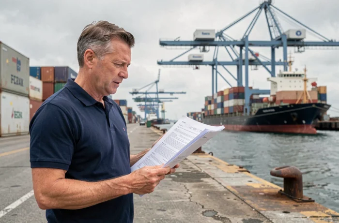 Responsable logistique sur un quai portuaire examinant des documents de fret maritime avec des conteneurs et des grues en arrière-plan