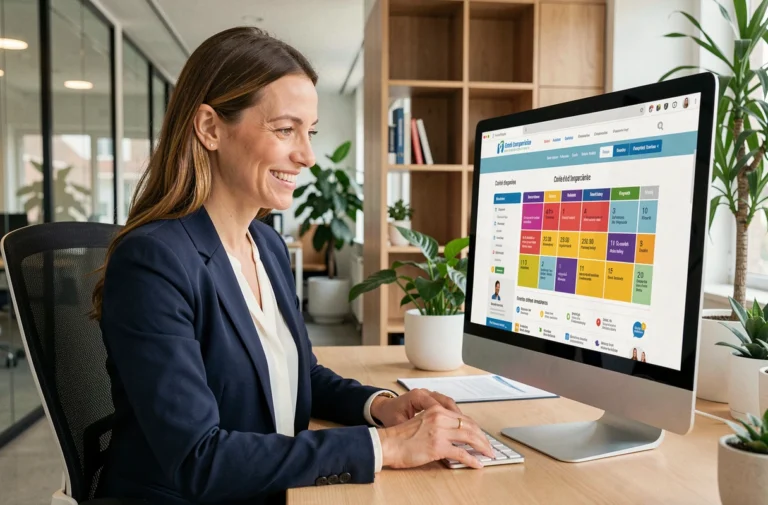 Responsable RH consultant le site web personnalisé d'un comité d'entreprise sur son ordinateur de bureau dans un open space moderne