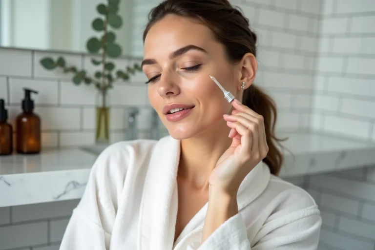 Femme appliquant un sérum visage dans une salle de bain minimaliste, routine beauté tendance