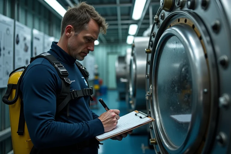 Scientifique marin analysant un manomètre sur un submersible dans un laboratoire océanographique spécialisé en pression des grandes profondeurs
