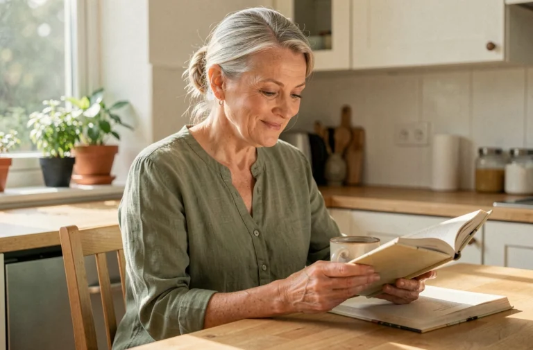Senior épanouie lisant un livre autour d'une tasse de thé dans une cuisine chaleureuse et confortable