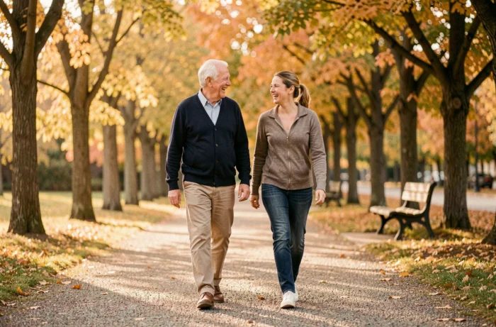 Senior homme et femme plus jeune se promenant ensemble dans un parc en automne dans une ambiance complice et sereine