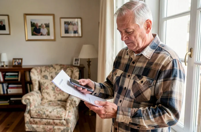 Homme senior vérifiant les horaires d'appel du 3900 Orange avec documents et téléphone portable