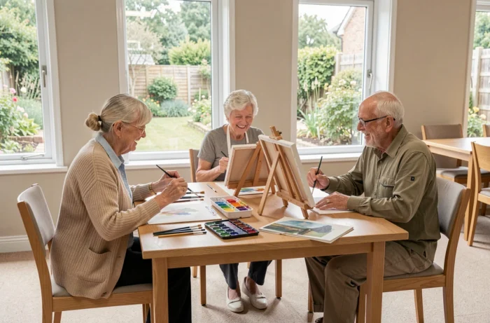 Groupe de seniors participant à un atelier de peinture aquarelle dans un centre communautaire lumineux et convivial