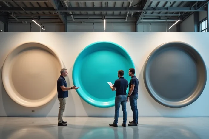 Showroom de coques piscine présentant trois couleurs différentes — beige, turquoise et gris ardoise — avec un vendeur conseillant un couple