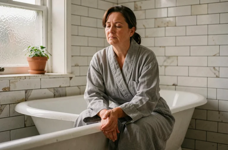 Femme pensive assise au bord d'une baignoire ancienne dans une salle de bain apaisante, évoquant une réflexion spirituelle après une chute