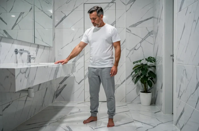 Homme debout pieds nus sur un sol en marbre de salle de bain moderne, regard introspectif évoquant une prise de conscience spirituelle après une chute