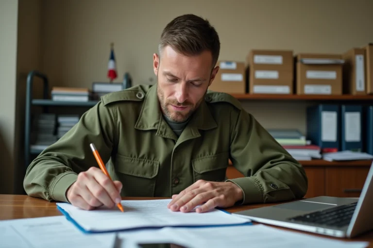 Soldat de l'armée française consultant son dossier de compte habillement militaire dans un bureau administratif