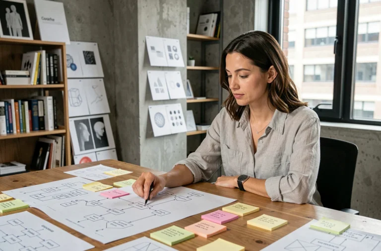 Femme analysant la structure d'un site web avec des diagrammes de hiérarchie imprimés sur un bureau en bois dans un espace de co-working moderne