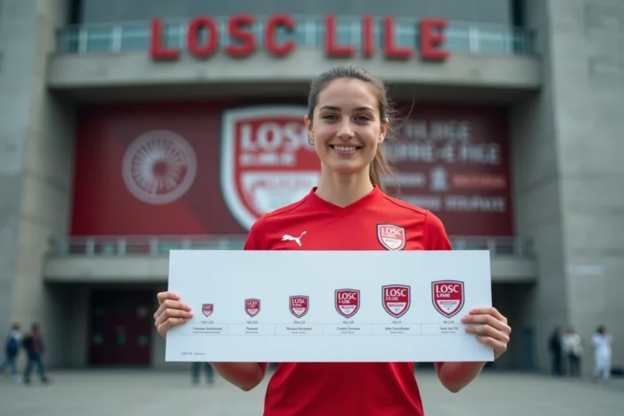 Supportrice du LOSC Lille tenant un panneau illustrant la chronologie de l'évolution du logo du club devant le Stade Pierre-Mauroy