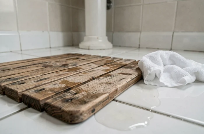 Détail d'un tapis de bain en bois et d'une serviette tombée sur un carrelage blanc, scène symbolique évoquant la signification spirituelle d'une chute dans la salle de bain