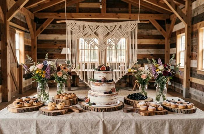 Table de desserts de mariage champêtre avec gâteau naked cake aux figues et mûres dans une grange décorée de macramé