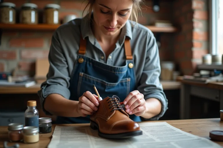 Femme appliquant de la teinture pour cuir sur une chaussure oxford avec un applicateur en mousse dans un atelier artisanal à domicile